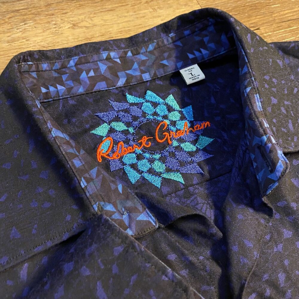 Robert Graham Geometric  Purple Black Button-Up Shirt Mens Large